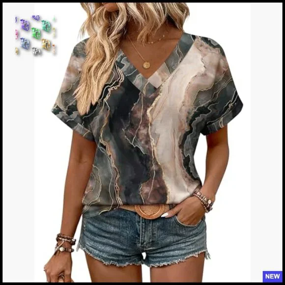 Rolled Sleeve V-Neck Blouse Classic Elegant Business Casual Summer Top - Picture 2 of 6